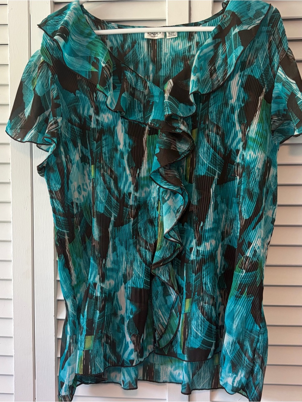 Cato Teal and Black Ruffle-Front Blouse